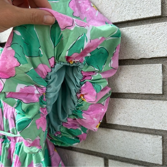 &merci Bubble Puff Sleeve Pink Green Floral Floral Flare Mini Dress - Picture 12 of 14